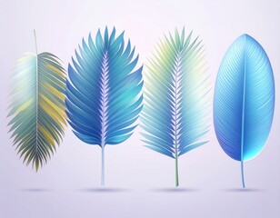Four stylized tropical leaves against a soft, light purple background. The leaves are rendered in shades of blue, green, and yellow, with a gradient effect that gives them a luminous quality. 