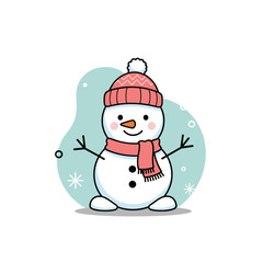 Charming cartoon snowman wearing a pink hat and scarf on a light blue background with snowflakes