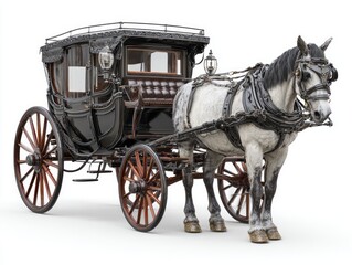 A meticulously detailed antique carriage, pulled by a majestic grey horse, is elegantly presented against a pure white background.