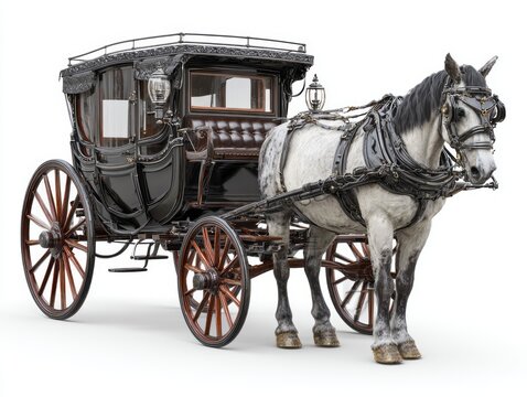 A meticulously detailed antique carriage, pulled by a majestic grey horse, is elegantly presented against a pure white background.