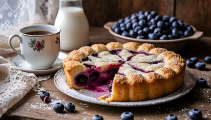 Homemade blueberry pie on a rustic table.This cozy image is ideal for food blogs, bakery advertising, recipe books, and print materials for cafes or home goods stores.