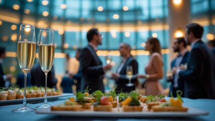Elegant corporate networking event with champagne glasses and gourmet appetizers as business professionals gather in modern glass venue - Powered by Adobe