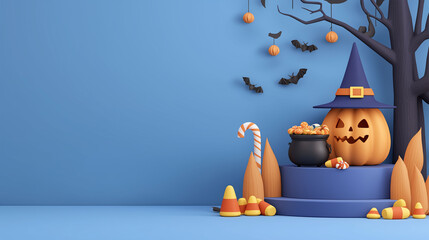 Halloween pumpkin scene: An artful display of Halloween elements against a vibrant background, including a jack-o'-lantern, witch hat, bats, candy, and whimsical tree.