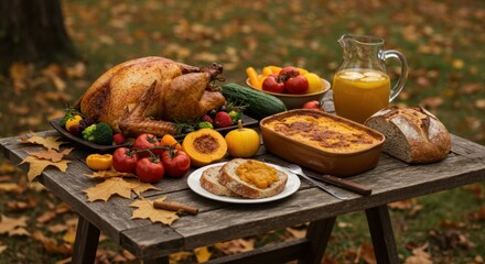 Rustic Autumn Harvest Feast on Outdoor Table