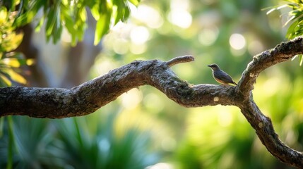 A tranquil scene unfolds with a small bird perched gracefully on a twisted tree branch in a lush