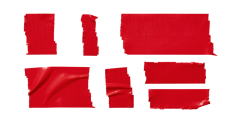 set of red torn wrinkled tape isolated transparent png background,design template or mockup.crumpled black tape