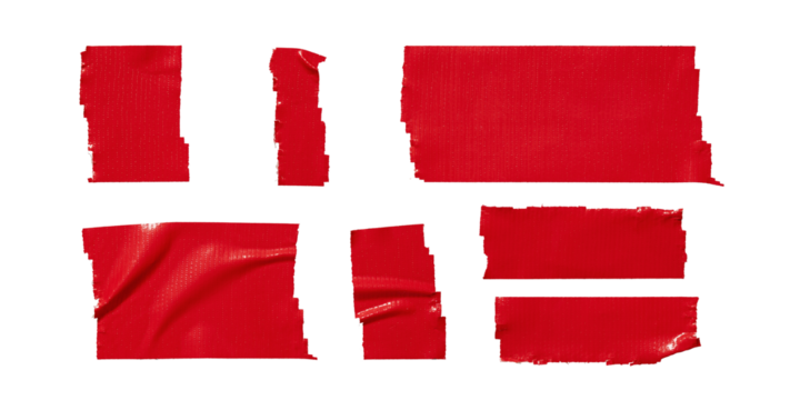 set of red torn wrinkled tape isolated transparent png background,design template or mockup.crumpled black tape