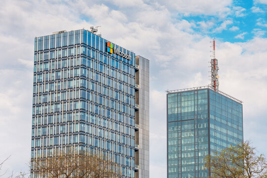 19 April 2025, Belgrade, Serbia: Modern architecture of Microsoft headquarters standing tall, showcasing corporate presence