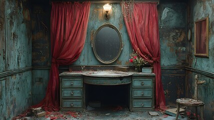 A vintage, abandoned dressing room with peeling teal walls, an antique vanity, and dramatic red velvet curtains, bathed in the glow of a warm light