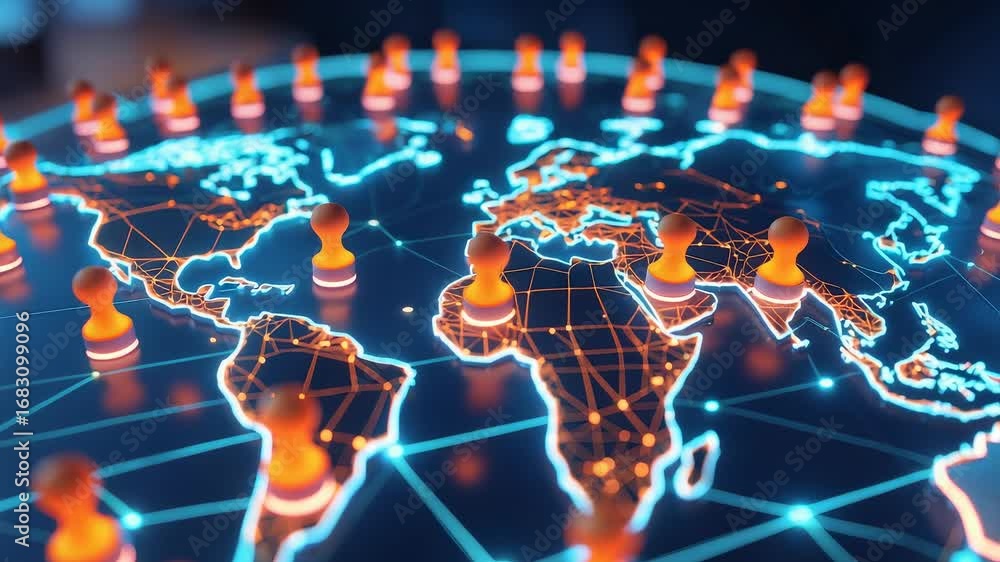 Aufkleber digital world map with glowing network connections and multiple markers highlighting global connecti