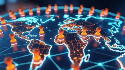 Digital world map with glowing network connections and multiple markers highlighting global connectivity and international communication - Powered by Adobe