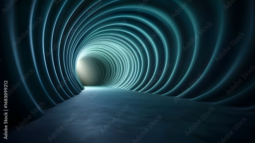 Poster the image shows an abstract tunnel with repeating teal arches leading to a bright light at the end, 