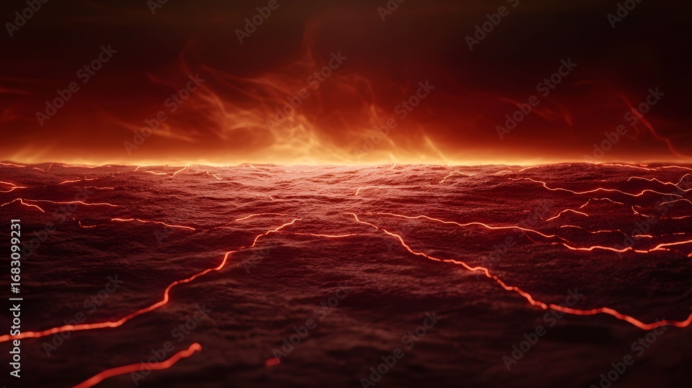 Poster this image features a dramatic scene of what appears to be a volcanic landscape with flowing red lav