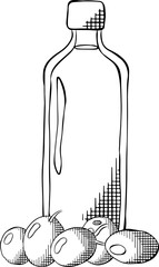 Olive oil bottle composition. Vector graphic line ink Black and white illustration. Olive oil, bottle, berries, leaves Extra virgin olive oil. texture for bedsheets, pajamas, wrapping papers.