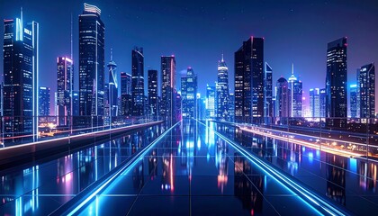 Fototapeta premium A sleek metallic city skyline with glowing neon pathways and geometric architecture under a crystal-clear night sky, sharp reflections on glass surfaces