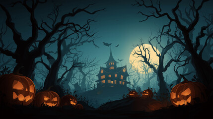 Spooky Halloween Scene: The image creates a spooky Halloween scene. Carved pumpkins illuminate a foreboding mansion, set amidst a haunting forest, bathed in the ethereal glow of the full moon.