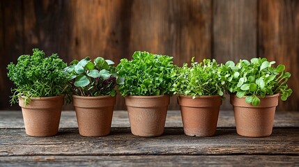Fototapeta premium Herbs in terracotta pots on rustic wood; healthy, homegrown ingredients