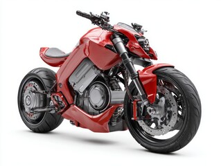 A futuristic red motorcycle, detailed and sharply rendered, is presented against a stark white background.