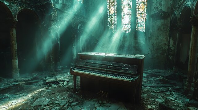 A weathered, dusty grand piano sits in the center of a derelict, abandoned concert hall with crumbling walls, bathed in soft, dramatic light