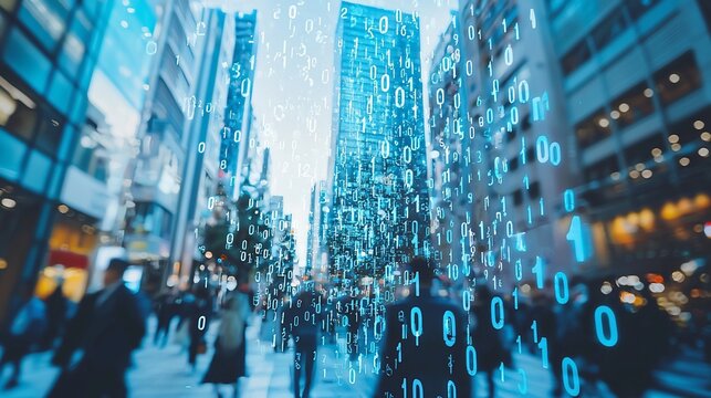 People walk in a city with binary numbers floating above. Modern, futuristic