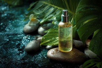 Bottle of liquid set amidst stones  lush green leaves evoking a sense of spa tranquility