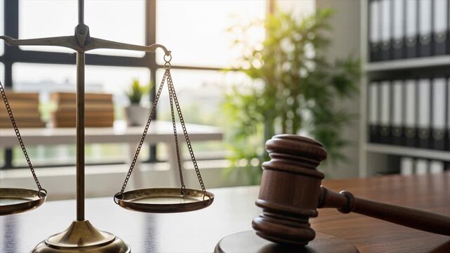 Balance and Justice: A close-up shot captures the scales of justice and a gavel on a polished desk, illuminated by natural light, the scene evokes notions of fairness, legal process.