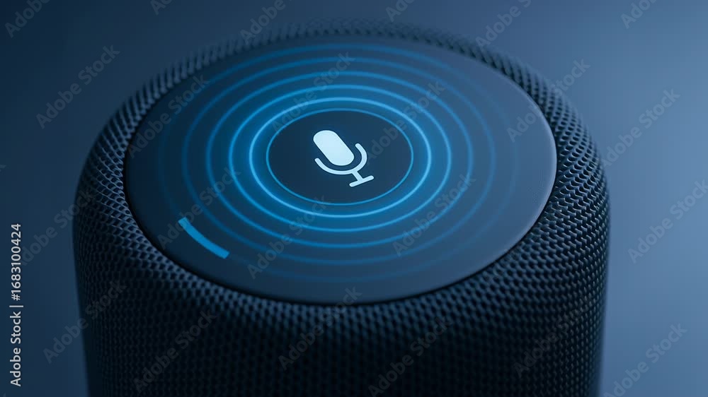 Poster smart speaker wireless device with microphone icon glowing blue light enabling advanced voice contro