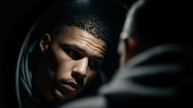 World Mental Health Day. Young man reflecting on his thoughts while looking in a mirror  