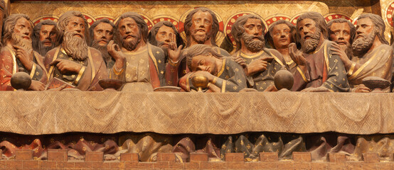 Paris - The Last supper carved polychrome relief in the Notre-Dame cathedral before the fire.