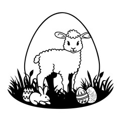 Lamb and rabbit with decorated eggs in grass for Easter theme  
