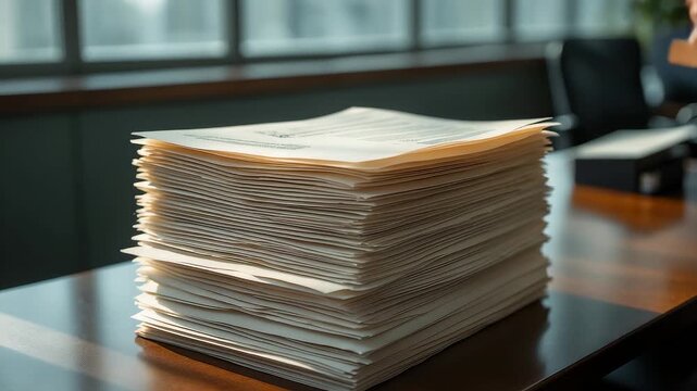 Large stack of documents neatly piled on wooden office desk in bright workspace with natural window light and professional atmosphere