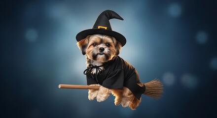 Obraz premium Adorable Shih Tzu Dog in Witch Costume Flying on Broomstick