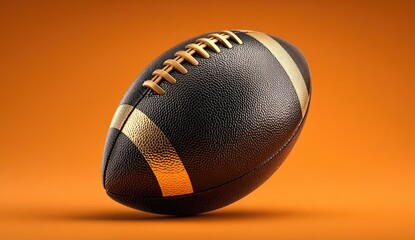 Black football with gold stripes on an orange background