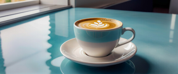 Cup of cappuccino with latte art on blue table. White ceramic coffee cup and saucer with sky blue rim. Close up of cappuccino on windowside table.