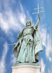 BUDAPEST, HUNGARY - SEPTEMBER 22, 2012: The St. Stephen king of Hungary statue as a part of The Millennium Monument by Senyei Károly (1911).