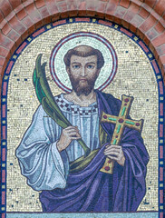 VIENNA, AUSTIRA - JULI 5, 2021: The mosaic of St. Laurence on the facade of St. Anthony church from...