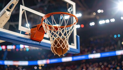 A basketball swishes through the net of a hoop during a game in a brightly lit professional arena.