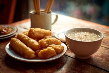 Breakfast scene A plate of fried dough a bowl of porridge and chopsticks on a rustic wooden table