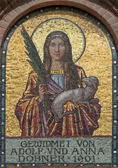 VIENNA, AUSTIRA - JULI 5, 2021: The mosaic of St. Agnes the facade of St. Anthony church from begin of 20. cent..