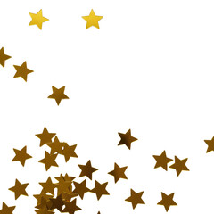 Small, shiny metallic gold star confetti artfully arranged on a pristine matte white surface, transparent high-key background, soft studio light, minimalist, abstract, Concept of success and