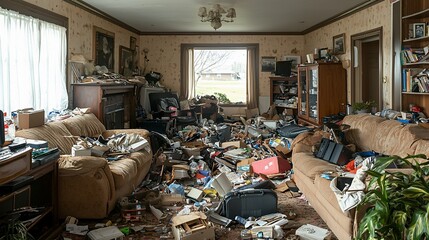 Overwhelmed room filled with belongings; disorganized, cluttered and unkempt space