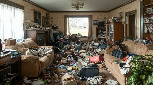 Overwhelmed room filled with belongings; disorganized, cluttered and unkempt space