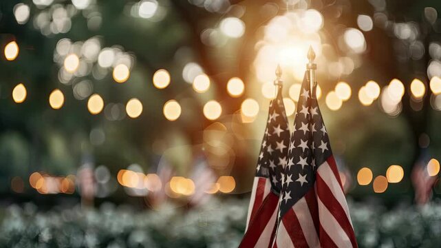 Flags ripple gently in the breeze as the sun sets, illuminating a vibrant gathering filled with festive lights and camaraderie