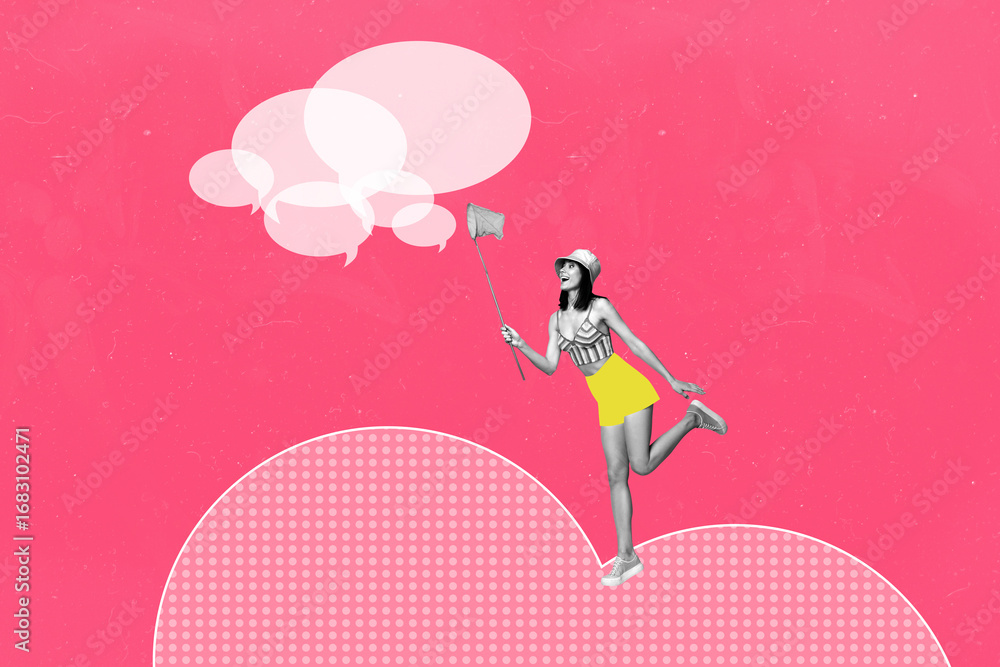 Poster pop sketch 3d image artwork collage of happy girl catch net bubble communication speech chatterbox n
