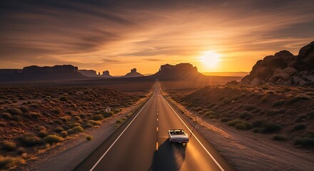Classic convertible drives down desert highway at sunset