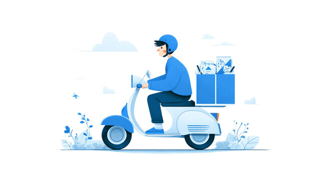 Minimalist flat illustration of food delivery, in blue and white colors, simple vector graphic design on a pure white background,
