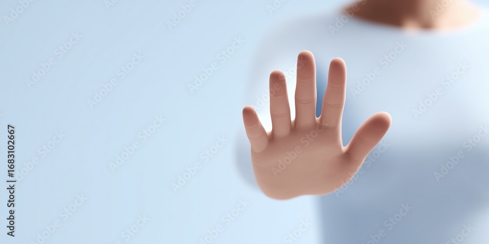 Poster human hand reaching out against a soft blue background, showcasing a gesture of stop or pause, empha