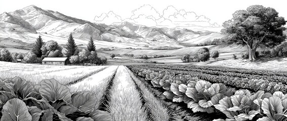 Black and white illustration of a rural landscape.  Fields of crops, a farmhouse, and mountains in the background.  Detailed shading suggests depth and texture