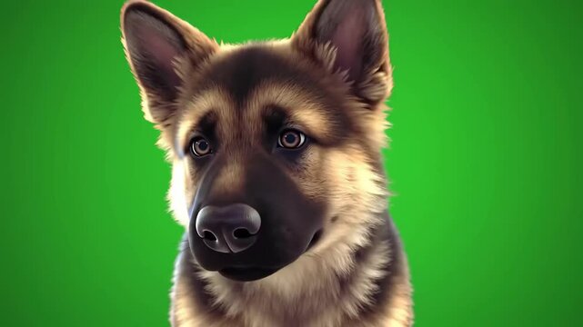 A playful cartoon german shepherd puppy sits against a vibrant green screen background looking slightly to its left conveying a cheerful mood in a bright cartoon style perfect for
