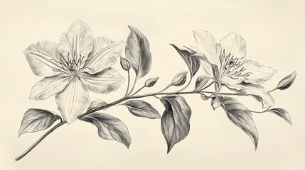Floral sketch Blooming flowers, buds, and leaves on a slender branch, grayscale